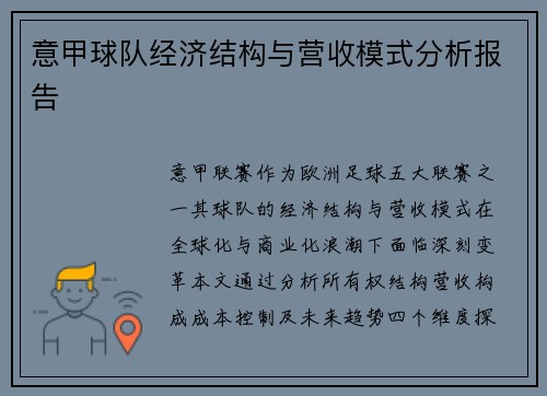 意甲球队经济结构与营收模式分析报告