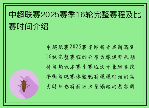 中超联赛2025赛季16轮完整赛程及比赛时间介绍